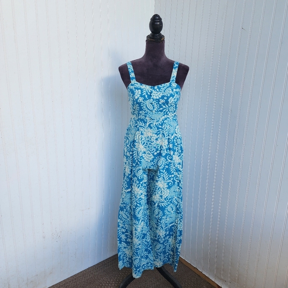 Japna Pants - Japna Wide Leg Smocked Blue White Jumpsuit Linen Rayon Adjustable Strap XS